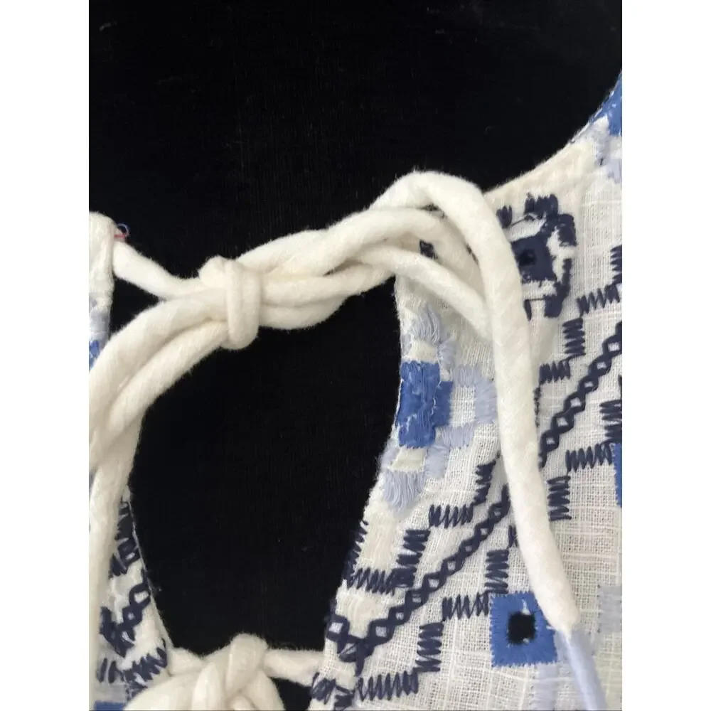 FREE PEOPLE Joni Top S Boho Embroidered Shirred Puff Sleeve Cropped Linen Blu Wh